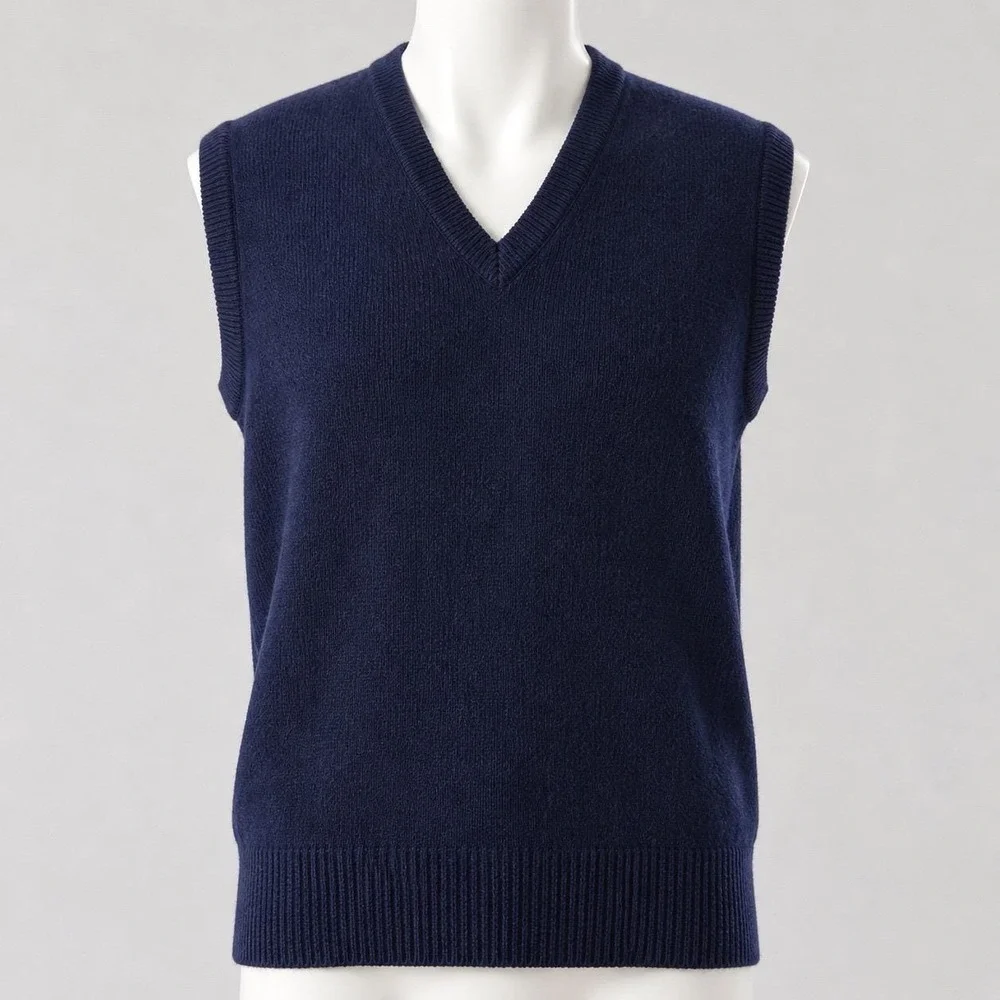 LL Bean Navy Blue Lambswool V-Neck Sweater Vest Vintage Made in USA Large Tall